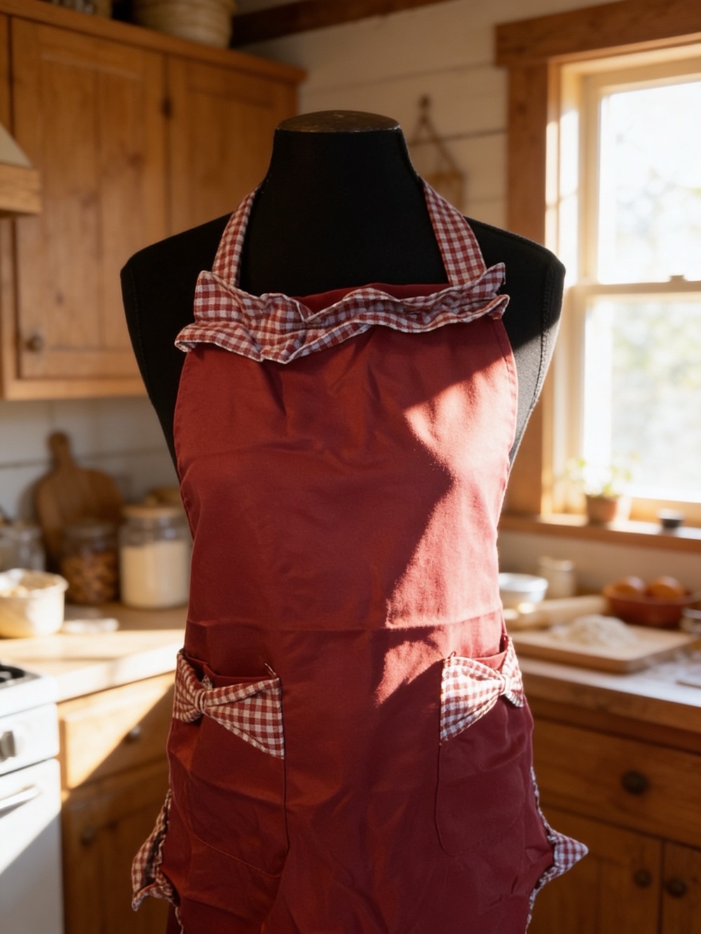 🚨🚨🚨SOLD🚨🚨🚨Rust Red Check Ruffle Kitchen Apron with Pockets - Picture 3 of 6
